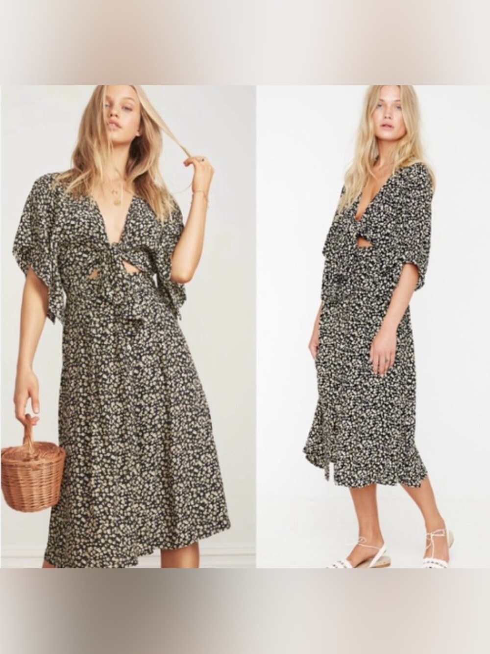Faithfull the Brand Massimo Black Floral Midi Dress Size 8